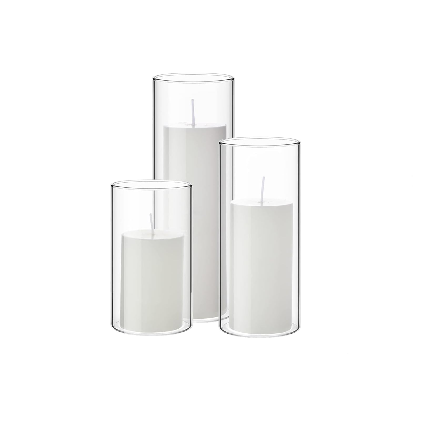 Photo 1 of **MISSING ONE SMALL AND ONE MEDIUM SIZED**Set of 6 Pillar Candles with Clear Glass Cylinder Vases – Elegant Candle Holders for Tall Slim Pillar Candles, Ideal for Wedding Centerpieces (2.6'' x 4.7'', 5.9'', 7.9'', White)