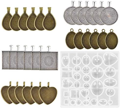 Topus Silicone Resin Jewelry Casting Mold for Pendant Crafting DIY Jewelry Gift Making, Contain 30 Pieces 5 Styles Pendant Trays- Round & Square & Heart & Teardrop & Oval