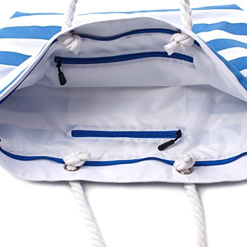Large Canvas Striped Beach Bag - Top Zipper Closure - Waterproof Lining - Tote Shoulder Bag For Gym Beach Travel 4 Large Canvas Striped Beach Bag - Top Zipper Closure - Waterproof Lining - Tote Shoulder Bag For Gym Beach Travel