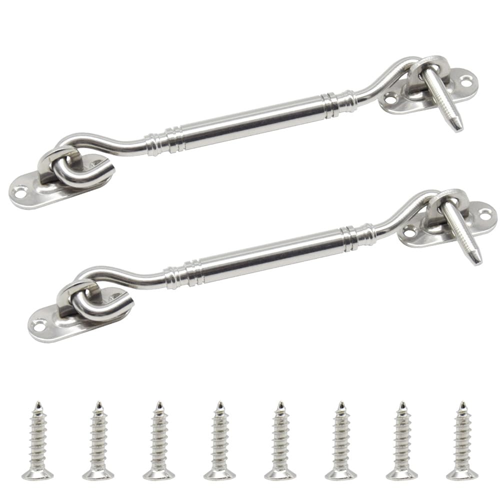 Yosawo 2 Pcs Cabin Hook and Eye Latch,Stainless Steel Heavy Duty Barn Barn Door Swivel Window Hook Lock for Garage, Garden Gates, Closet Shed（Silver-150mm）