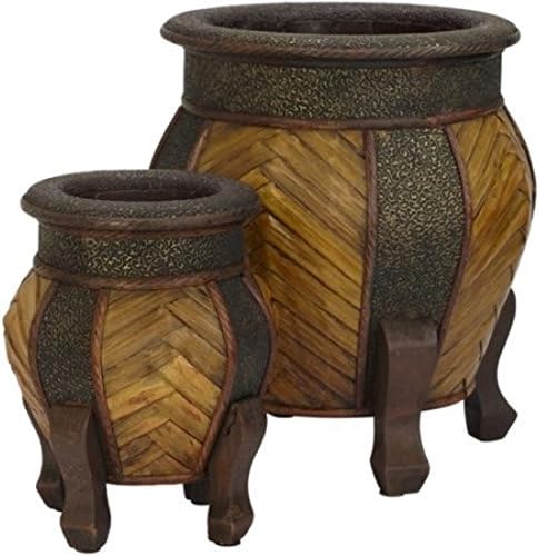 Upward Angled Thatch Design Wood Planter, 2pc