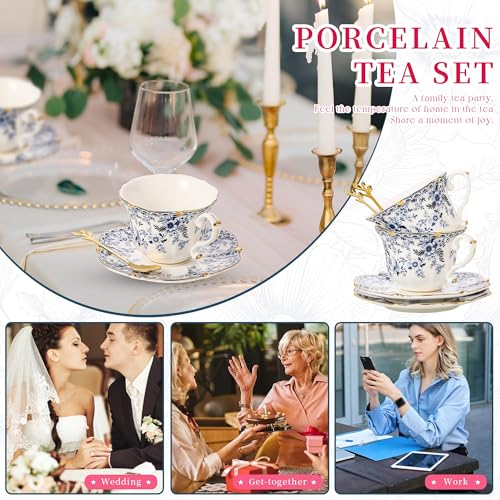 2PCS 250ml Tea Cup and Saucer Set, 8oz Floral Blue Porcelain Coffee Cups for Tea, Cappuccino, Latte, Elegant Vintage Bone China Tea Set for Home or Gift