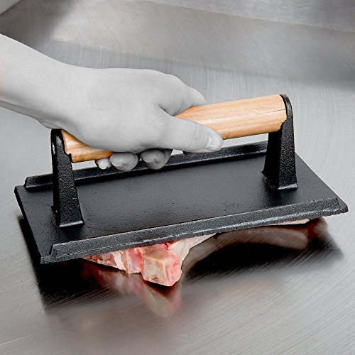 9 x 5-Inch Cast Iron Steak Weight/Bacon Press with Wooden Handle, Heavy-Weight Grill Press