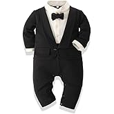 psainyal Baby Boy's Cotton Gentleman Romper Suits Party Tuxedo One Piece Outfit Lapel Tie Fake Two Piece Jumpsuit