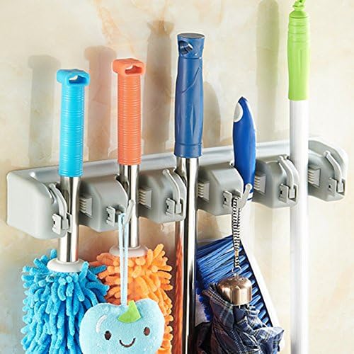Broom Holder Wall Mount  Mop Broom Holder Hanger Rack Organizer Storage Hooks for Kitchen Garden Garage and Bathroom Laundry Room (with 5 Position 6 Hooks)