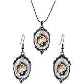 Gothic Cross Necklace Earring Set For Women Men Victoria Emboss Cameo Pendant Necklace Vintage Crystal Glass Dangle Drop Earrings Punk Style Dark Cross Set Halloween Mystic Witch Costume Jewelry