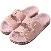 Roxoni Women's Open Toe Feather Slipper with Adjustable Double Buckle Cozy Cork Slide Sandal
