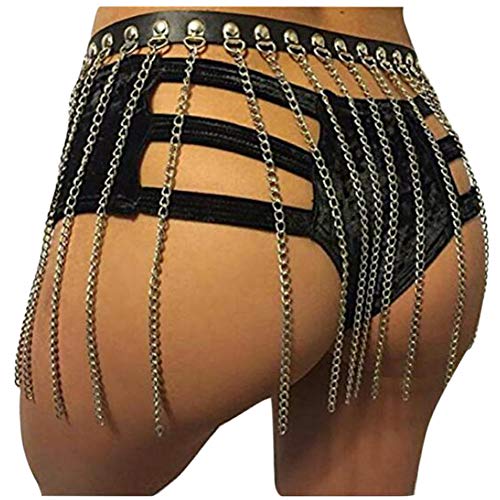RARITYUS Women Sexy Rave Punk Waist Body Chain Harness Garter Belt Adjustable with Metal Chain Tassel for Party Festival Costume