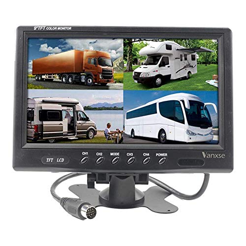 Vanxse 9" TFT LCD Car Rearview Quad Split Monitor,Remote Control, 4 Channels 4-Pin Aviation Video Inputs - 12V-24V 800X480HD Screen for Car Backup Camera System & Home Security Surveillance