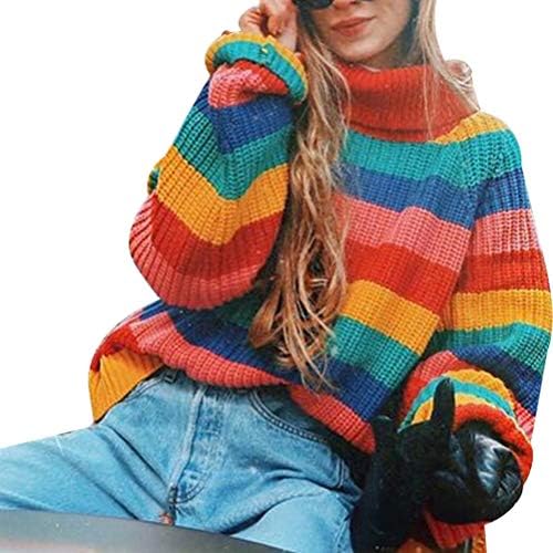 Cimeiee Womens Long Sleeve Striped Rainbow Striped Top Turtleneck Knitted Sweater Jumper Shirt