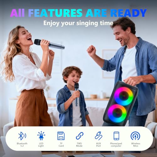 Karaoke Machine for Adults Kids, Portable Bluetooth Speaker with 2 Wireless Microphones, TWS Mode & LED Light, 10H Battery PA System Stage Monitors,Perfect for Home Party Outdoor Birthday Gifts(Black)