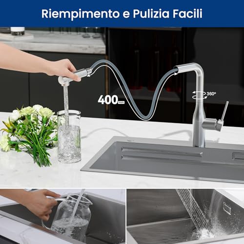CECIPA Kitchen Sink Tap with Hand Shower, Stainless Steel Kitchen Mixer | With 2 types of jet, removable hand shower, 360° swivel spout, hot and cold water (brushed)