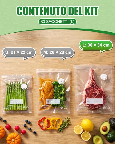 Babacom 30 Pieces Reusable Vacuum Food Bags with Air Valve and 10 Locking Clips (L:30 x 34 cm), BPA Free, Vacuum Food Bags for Freezer/Sous Video Cooking/Storage