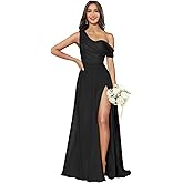 Cozcy One Shoulder Bridesmaid Dresses with Slit Pleated Chiffon A Line Formal Dresses for Women