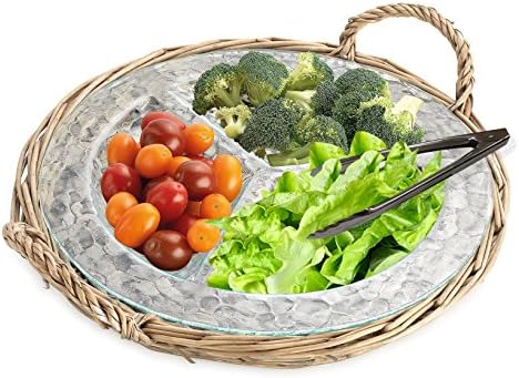Glass Relish Dish Buffet Server in Wicker Tray, 3-section Serving Platter for Vegetables, Dips, and Snack with S/S Serving Tong