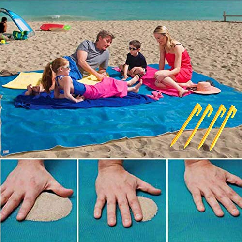 GEMGO Sand-Free Beach Blanket Mats, Waterproof Fast-Dry Magic Sandless Rug with 4 Stake Anchors, Portable Dirt Dust Proof for Outdoor Beach Picnic Camping (Blue L – 79″ x 79″)