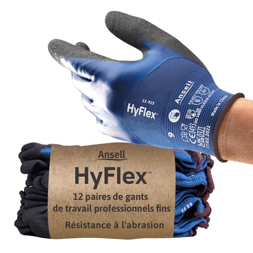 Ansell HyFlex 11-925 Professional Work Gloves, Waterproof and Oil-Resistant Nitrile Coating, Multipurpose Protection, Mechanical and Industrial Safety, Blue, Size M (12 Pairs)