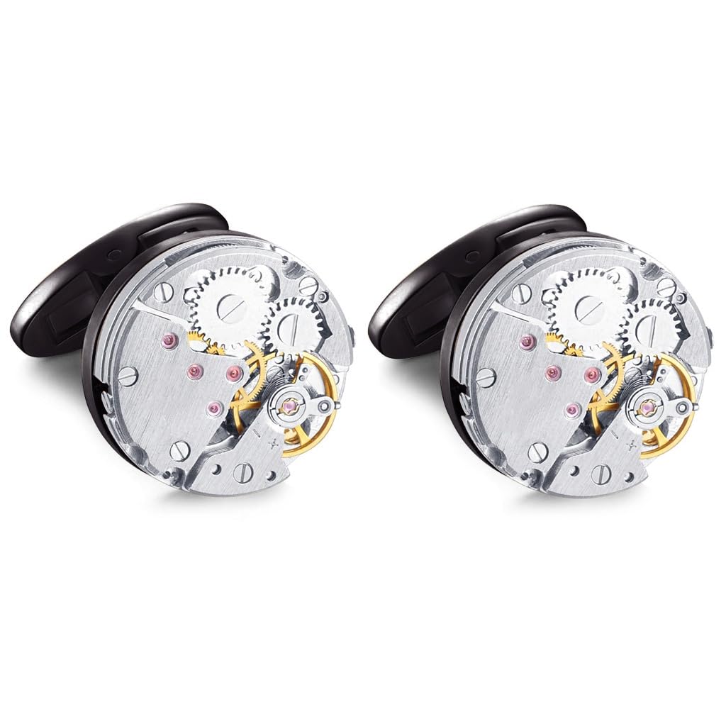HONEY BEAR Mens Vintage Watch Movement Cufflinks with Box, Round Black