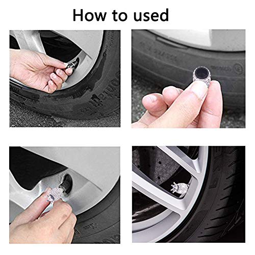 Valve Stem Caps, 4 Pack Handmade Crystal Rhinestone Universal Car Tire Valve Caps Chrome,Attractive Dustproof Bling Car Accessories - White Diamond Crown - Thumbnail 3