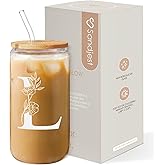 SANDJEST Monogrammed Gifts for Women - Monogram L Initial Glass Cup 16 Oz Can Coffee Cups with Lid and Straw - Monogram Initials Gifts for Womens on Birthday