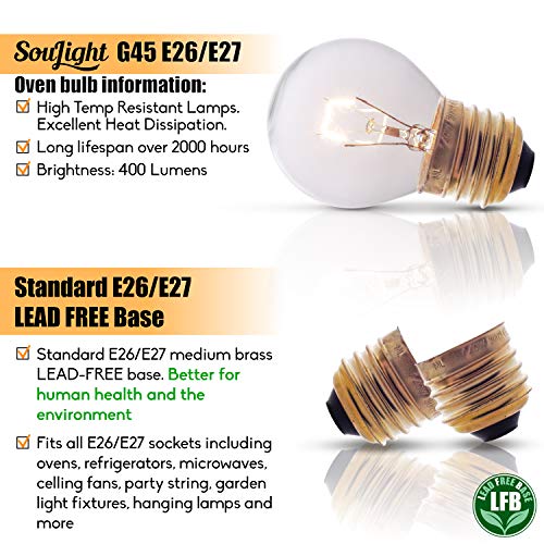 Oven Light Bulbs - 40 Watt Appliance Replacement Bulbs for Oven, Stove, Refrigerator, Microwave. Incandescent - High Temp G45 E26/E27 Socket. Medium Brass Lead-Free Base - 400 Lumens - Clear. 2 Pack - Thumbnail 4