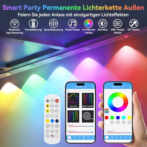 AVANLO Permanente Lichterkette Außen, 15M 30 LEDs RGBIC Outdoor Lichterkette Strom, Multimodus, APP & Fernsteuerung, IP65 Wasserdicht Trauflichter für Traufe, Dach, Balkon, Party Deko thumbnail 2