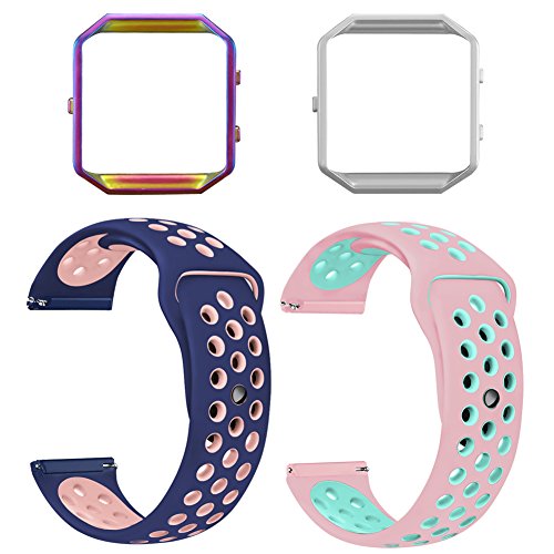 UMAXGET For Fitbit Blaze Bands, Sport Wristband Silicone Replacement Strap with Silver Colorful Frame for Fitbit Blaze Smart Fitness Watch Multi Pack 2 Blue-pink&pink-teal Large