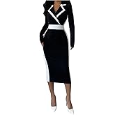 GORGLITTER Women's Color Block Midi Dress Elegant Classy Fall Long Sleeve Bodycon Cocktail Dinner Birthday Work Dresses