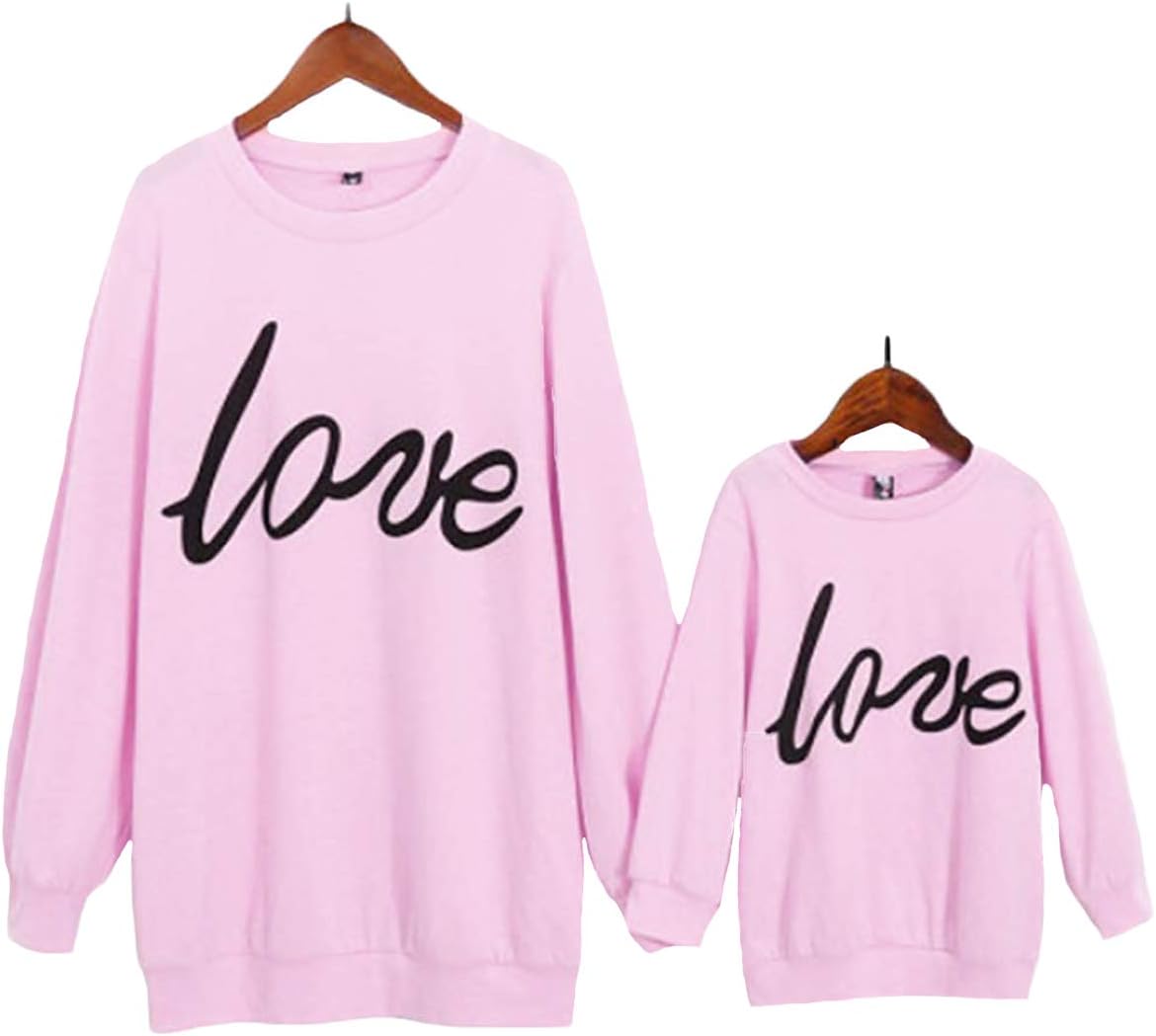 Mother and Daughter Matching Clothes Women Girls Long Sleeve Love Sweatshirt Letter Print Pullover Sweatshirt Pink