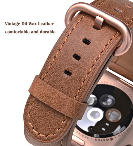 JSGJMY Compatible for Iwatch Band 42mm 44mm Women Genuine Leather Replacement Strap Compatible for Series 4 3 2 1 Sport Edition,Caramel+Series 4/3 Gold Clasp