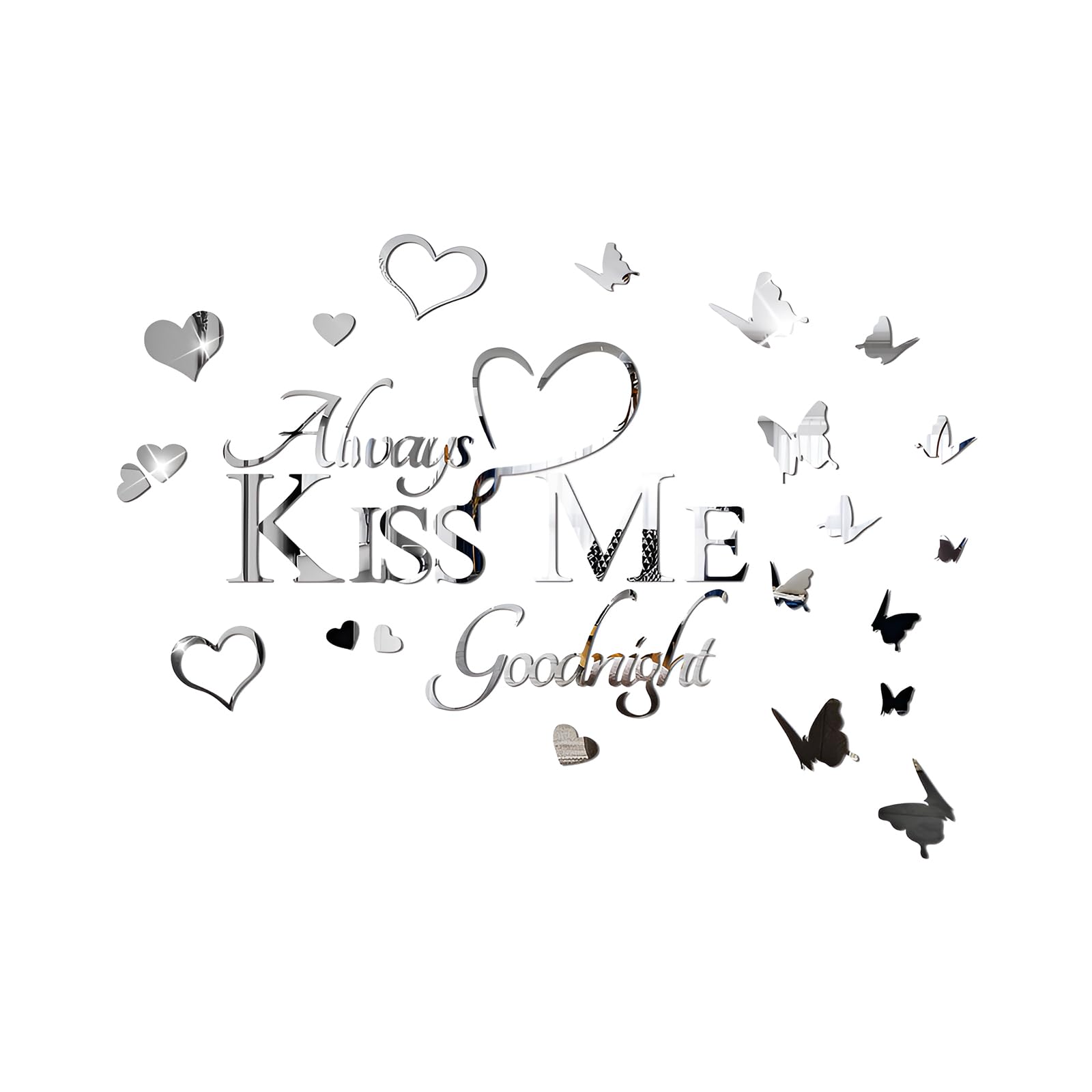INCAUCA Always Kiss Me Goodnight Mirror Wall Decal, Peel and Stick Wall Stickers Decor for Bedroom, Decorative Romantic Couples Love Wall Words and Quotes, Lettering Art Sign Over Bed, Silver