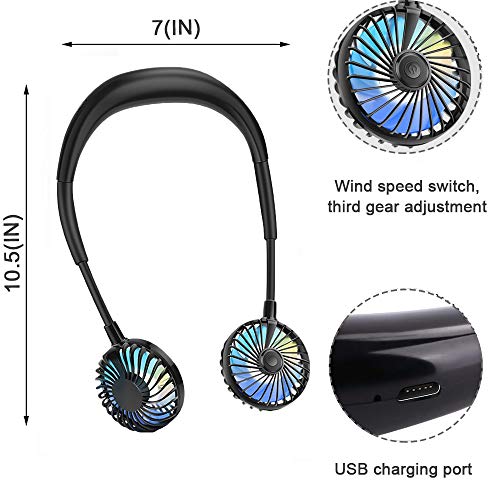 EKUPUZ Hands Free Portable Neck Fan Mini USB Personal Fan Rechargeable Headphone Design Pocket Fan with 3 Speeds Adjustable Air Flow and Night Light for Travel Outdoor Office Home Sports