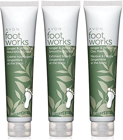 Avon Foot Works Set Ginger & White Tea Smoothining Scrub, Nourishing Cream, and Clay Mask