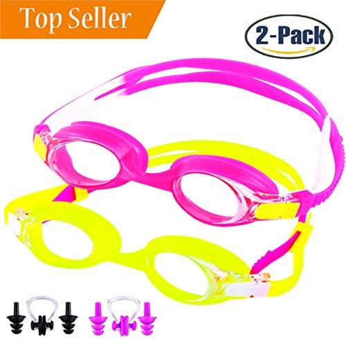 HoFire Kids Swim Goggles,2 Packs Swimming Glasses for Kids (Age 2-15 years old) with Clear Vision Anti Fog,UV Protection,No Leak, Soft Silicone Frame And Strap by Yellow+Red(2 Packs)