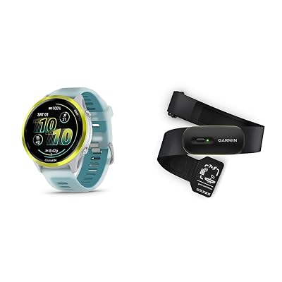 Bundle of Garmin® Forerunner® 570, 47mm, GPS Running Smartwatch, AMOLED Display, Training and Recovery Features, Amp Yellow Aluminum with Translucent Whitestone/Turquoise Band + Garmin® HRM 600 M-XL
