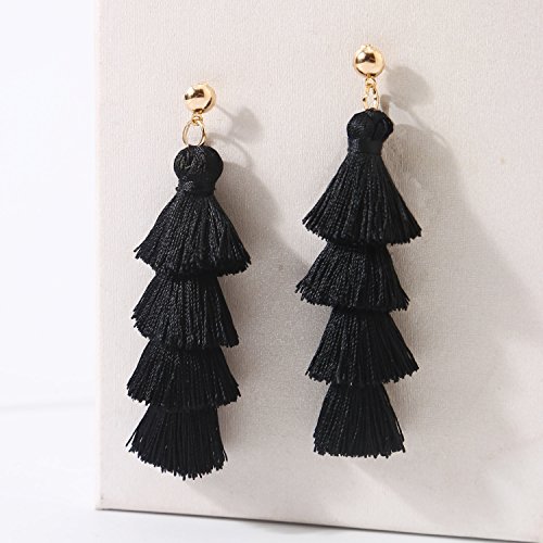 BaubleStar Fashion Gold Tassel Dangle Earrings Layered Long Bonita Tiered Black Thread Tassel Drop Statement Jewelry for Women Girls BAN0054B1
