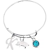 Personalized Pig Charm Bangle Bracelet with Birthstone and Initial Charm, Pig Jewelry Gifts for Women, Teens and Girls