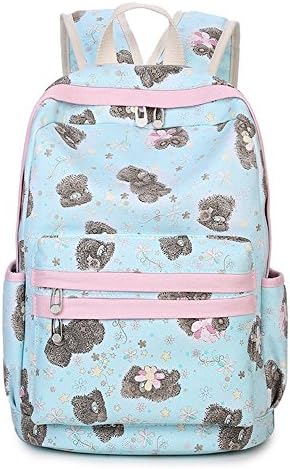 Cartoon Teddy Bear Print Canvas School Bag Back to School Backpack Shoulder Bag for Girls (blue)