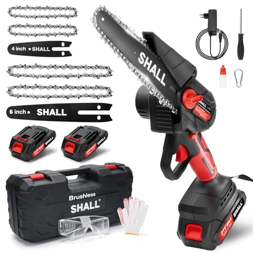 SHALL Portable Mini Chainsaw.Brushless Motor.2 x Quick Charge Batteries, 4 x Cutting Chains, 6" Cordless Mini Chainsaw Kit