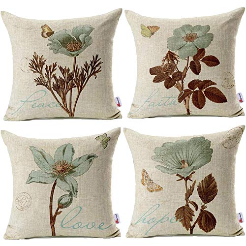Monkeysell-Pack-of-4-Lotus-Leaf-Butterfly-Flowers-Pattern-Cotton-Linen-Throw-Pillow-Case-Boho-Floral-Printed-Pillow-Cushion-Cover-Home-Sofa-Decorative-18-X-18-Inch-Cushion-Cover
