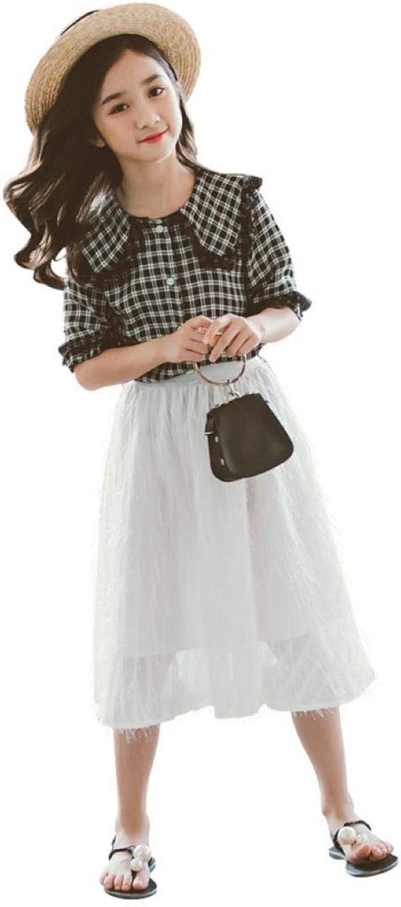 Amazon Janq 女の子 子供服 チェック 柄 シャツ ロング スカート キッズ 可愛い 上下 2点 セット 半袖 Tシャツ トップス シフォンスカート ガールズ キッズ服 おしゃれ 韓国風 カジュアル 洋服 セットアップ 子供の日 普段着 旅行 春 夏