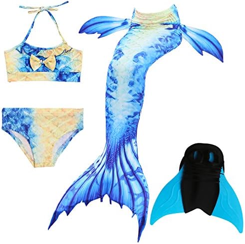 Das beste Girls Mermaid Tail Swimsuit with Monofin Girl's Mermaid Tail for Swimming,Colorful Swimmable Costume Cosplay Princess Swimwear Bikini Set Bathing Suit Set with Mono Fin Four Pcs