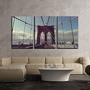 3 Piece Canvas Wall Art - Brooklyn Bridge in New York City - Modern Home Art Stretched and Framed Ready to Hang - 16"x24"x3 Panels