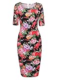 Meaneor Women Floral Print Bodycon Midi Dress Short Sleeve Slim Fit Pencil Dress
