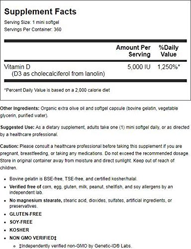 Nutrigold Vitamin D3 5000 IU, 360 Mini Softgels (GMO-free, Preservative-free, Soy-free, USP Grade Natural Vitamin D in Organic Olive Oil)