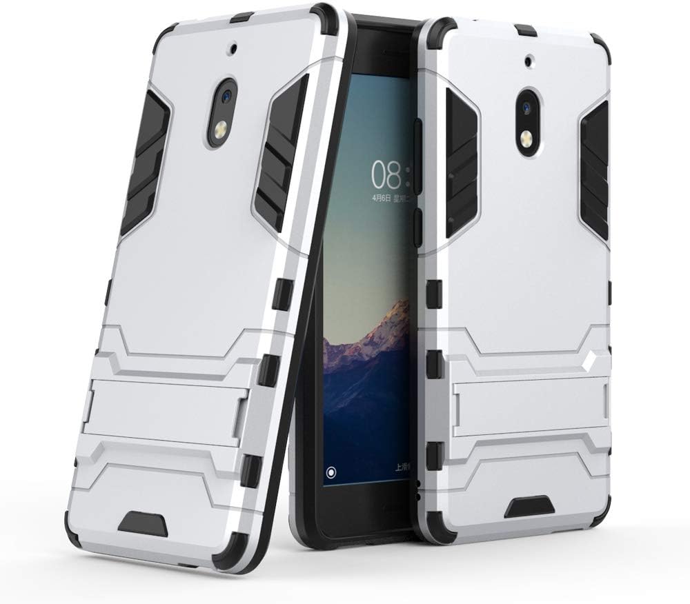 Telegaming Nokia 2V Case, Nokia 2.1 Case, Dual Layer Hybrid Tank Armor Case with Kickstand Shock Absorption Impact Protective Soft TPU & Tough PC Back Cover for Nokia 2.1 (2018) / 2V (Silver)