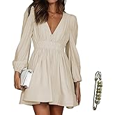 Yazinie Women's Deep V Bubble Long Sleeve A-Line Dress High Waist Flowy Mini Dresses