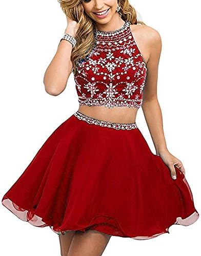 HEAR Women's Two Pieces Chiffon Homecoming Dresses Halter Beaded Rhinestone Short Prom Gown Open Back WWW666