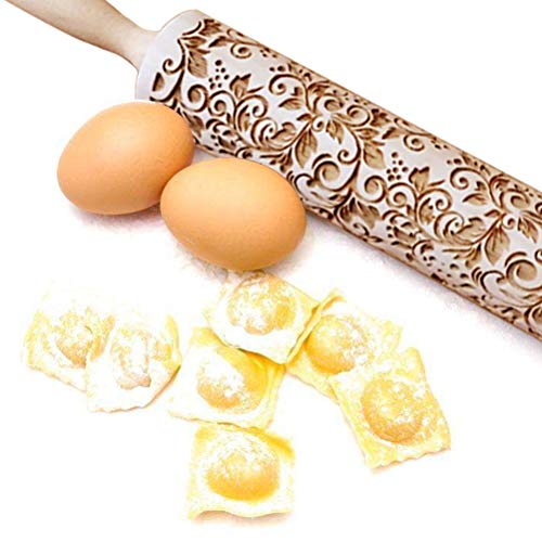 Uspacific Embossing Rolling Pin, Flower Pattern Wooden Laser Engraved Embossed Printing Rolling Pin DIY Tool for Homemade or Christmas Cookies