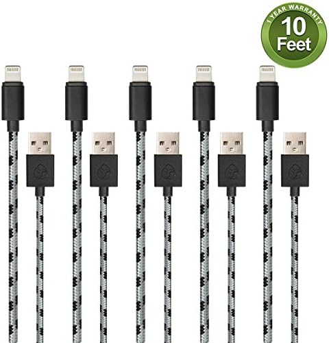 Fene 10 Feet / 3 Meter Nylon Braided Lightning to USB Charger for iPhone iPad iPod (5 Pack)